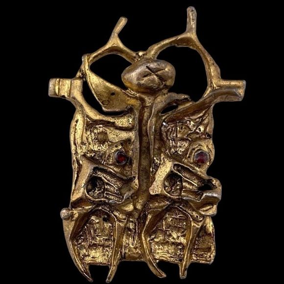Vintage Modernist Israel Designer Igael Tumarkin Brutalist Gold Wash Tone Brooch - Picture 1 of 10